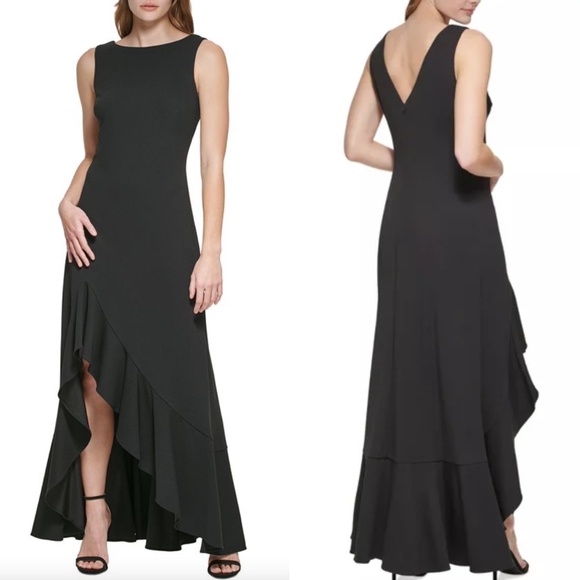 NEW Vince Camuto BLACK Asymmetrical RUFFLE HEM High Low EVENING Dress GOWN 14 - Picture 1 of 12